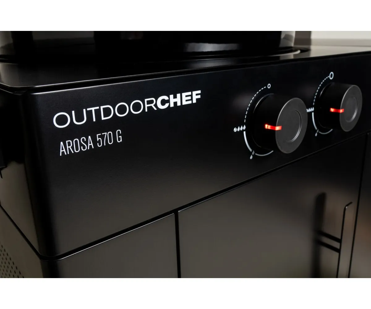 Kırmızı yanmalı iki kontrol düğmeli siyah OUTDOORCHEF AROSA 570 G ızgara.