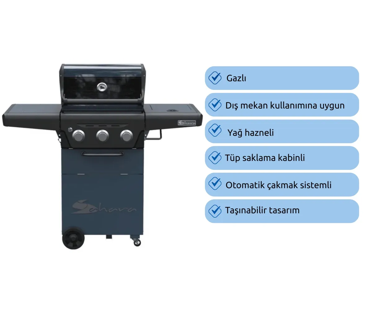 Üç düğmeli, siyah kapaklı, tekerlekli koyu renkli gazlı mangal.