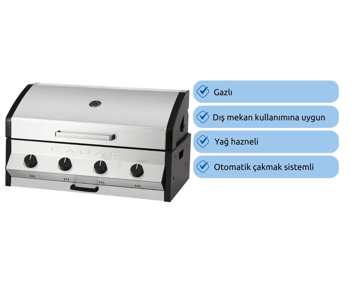 Dört düğmeli ve bir kulplu gümüş renkli gazlı barbekü.