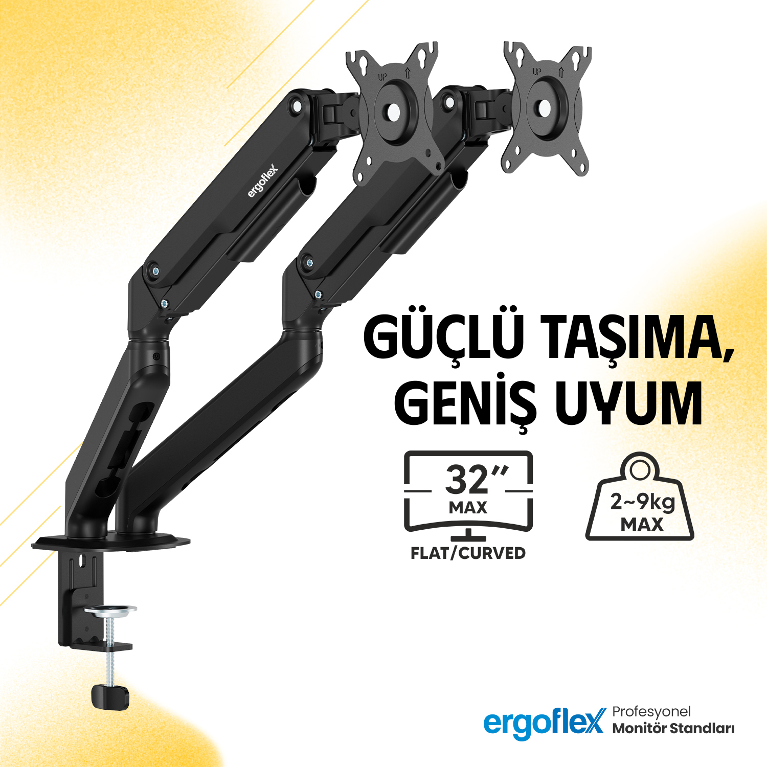 Ergonomik çift monitör standı, kelepçeli tabanlı, 32" ve 2-9kg için.