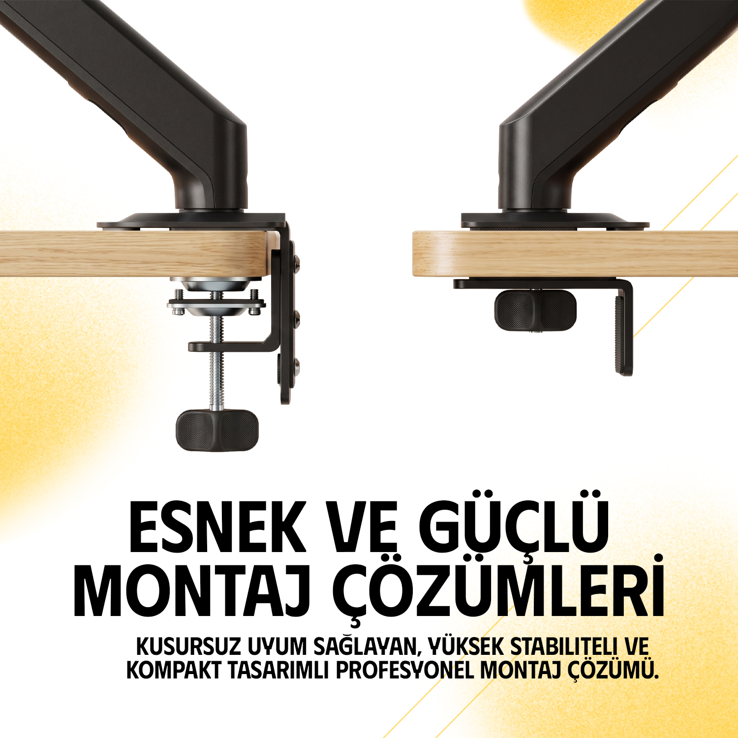 Tahta masaya takılı siyah kollar, üzerinde Türkçe yazı.