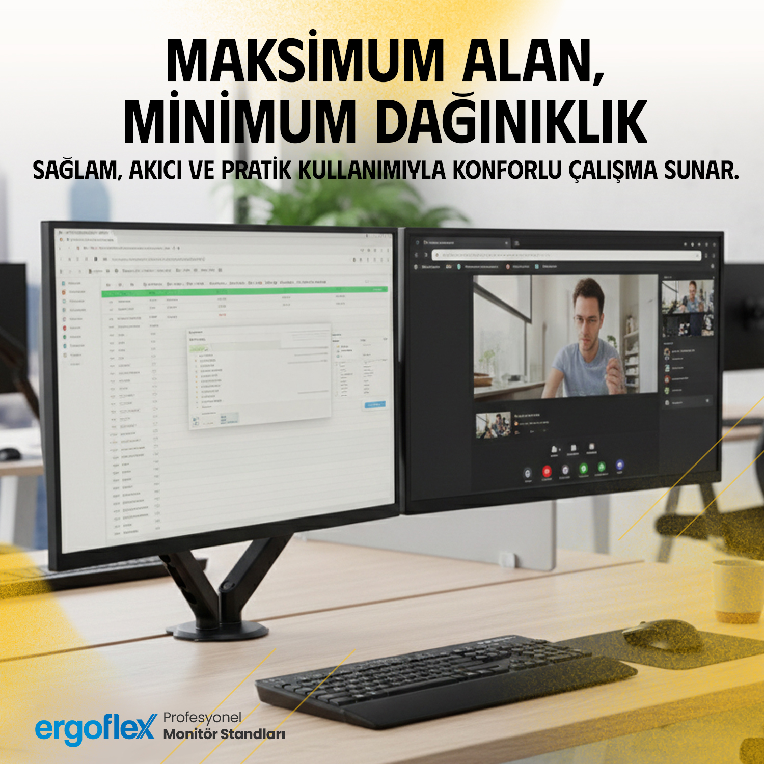 Masada iki monitör, biri tablo, diğeri görüntülü arama gösteriyor.