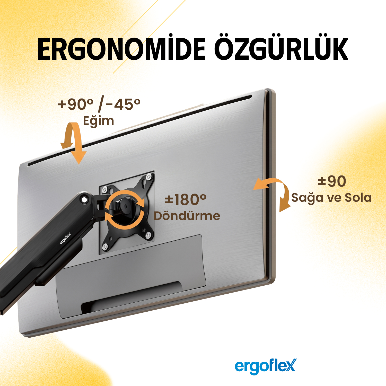 Eğim ve döndürme ayarlarını gösteren kollu bir monitörün arka görünümü.