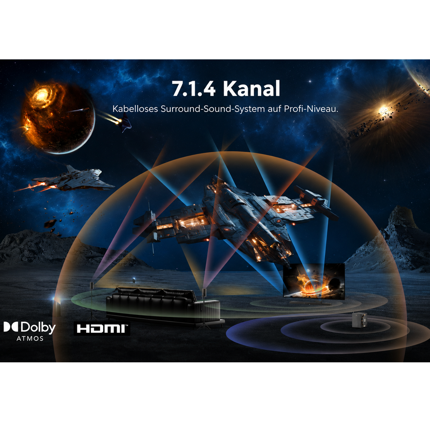 Raumschiff in der Galaxie, Dolby Atmos & HDMI Logos.