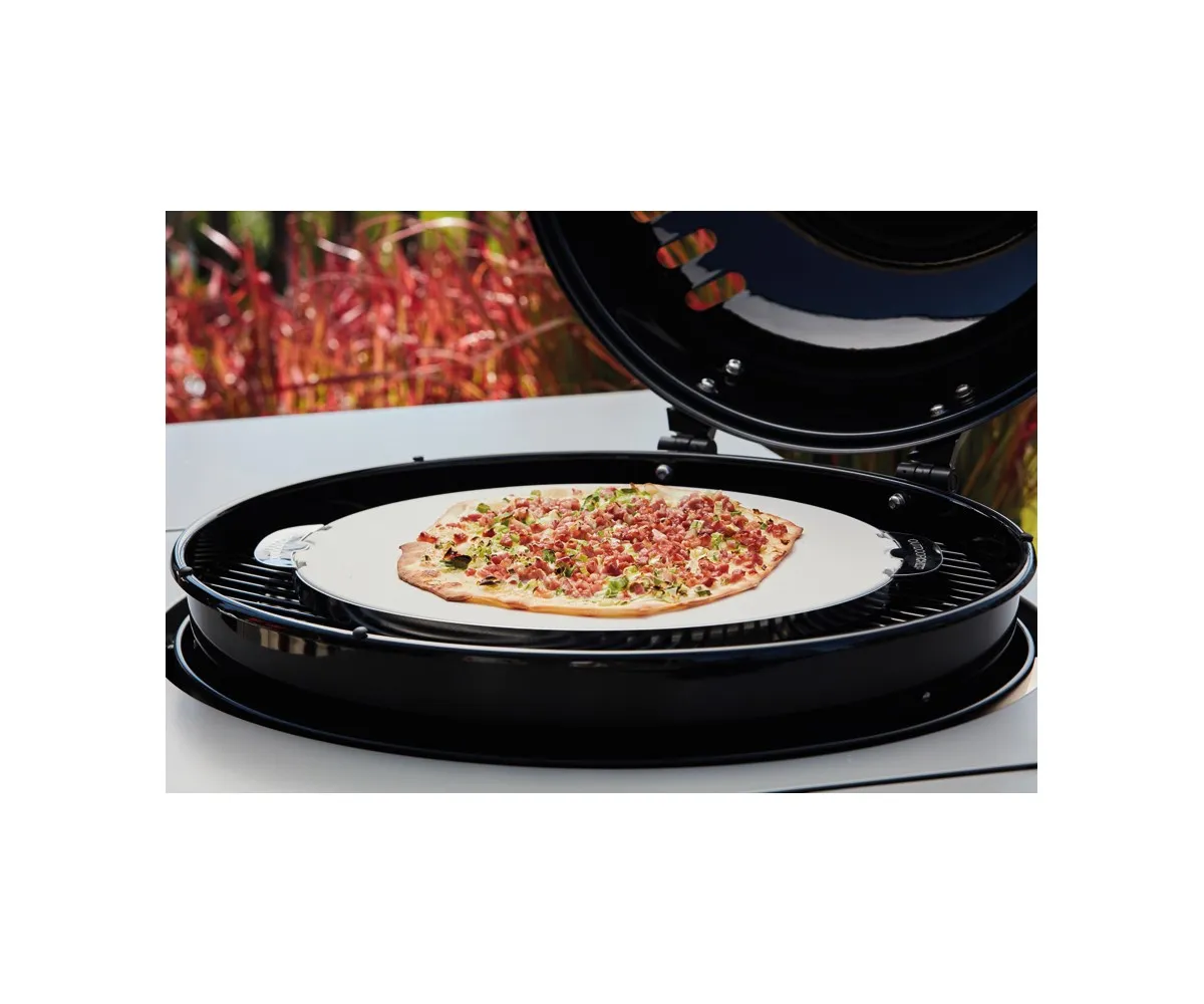 Izgarada üzeri kaplı pizza taşı. Arkada dışarıda kırmızı bitkiler.