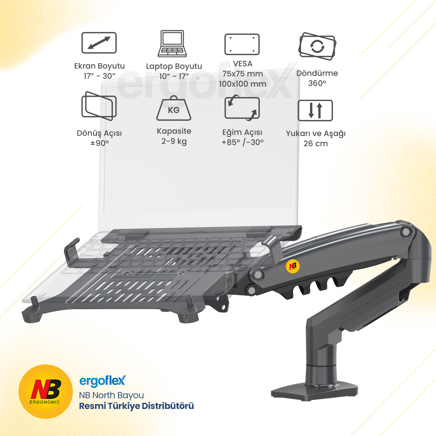 Gri laptop standı kollu, 360° dönebilen ve yükseklik ayarlı.