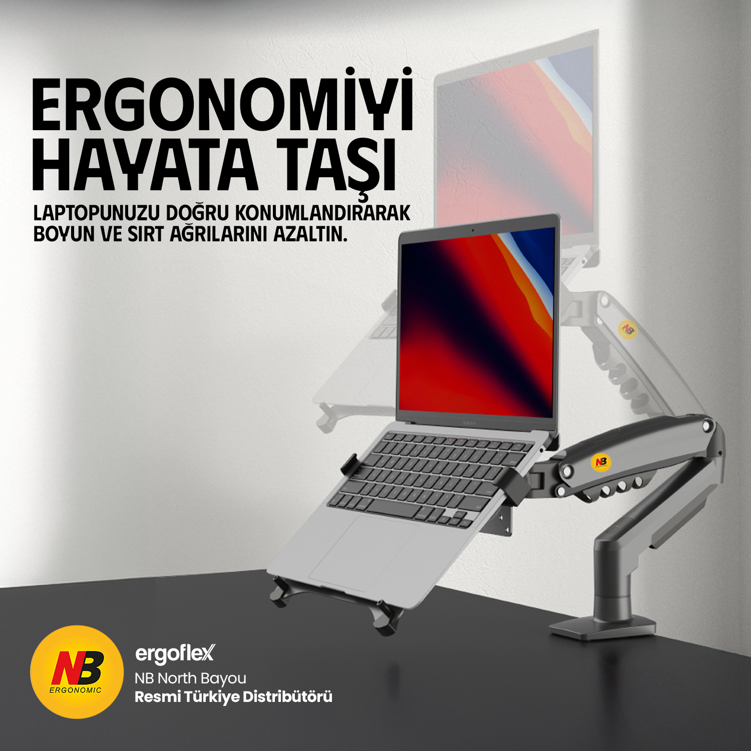 Masa üzerinde kol bulunan bir dizüstü bilgisayar standı, dizüstü bilgisayar tutuyor. Ergonomi hakkında metin.