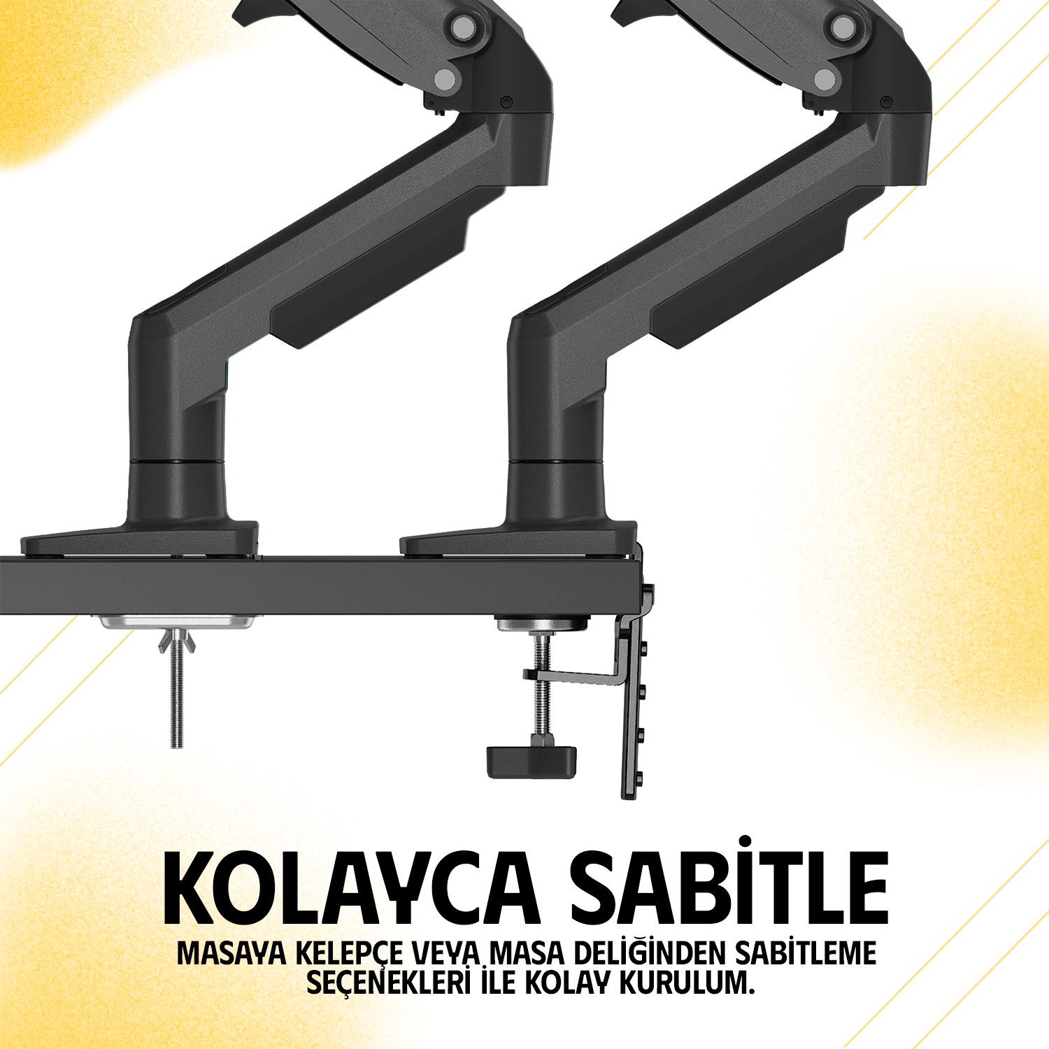 Masaya monte edilmiş iki adet siyah monitör kolu.