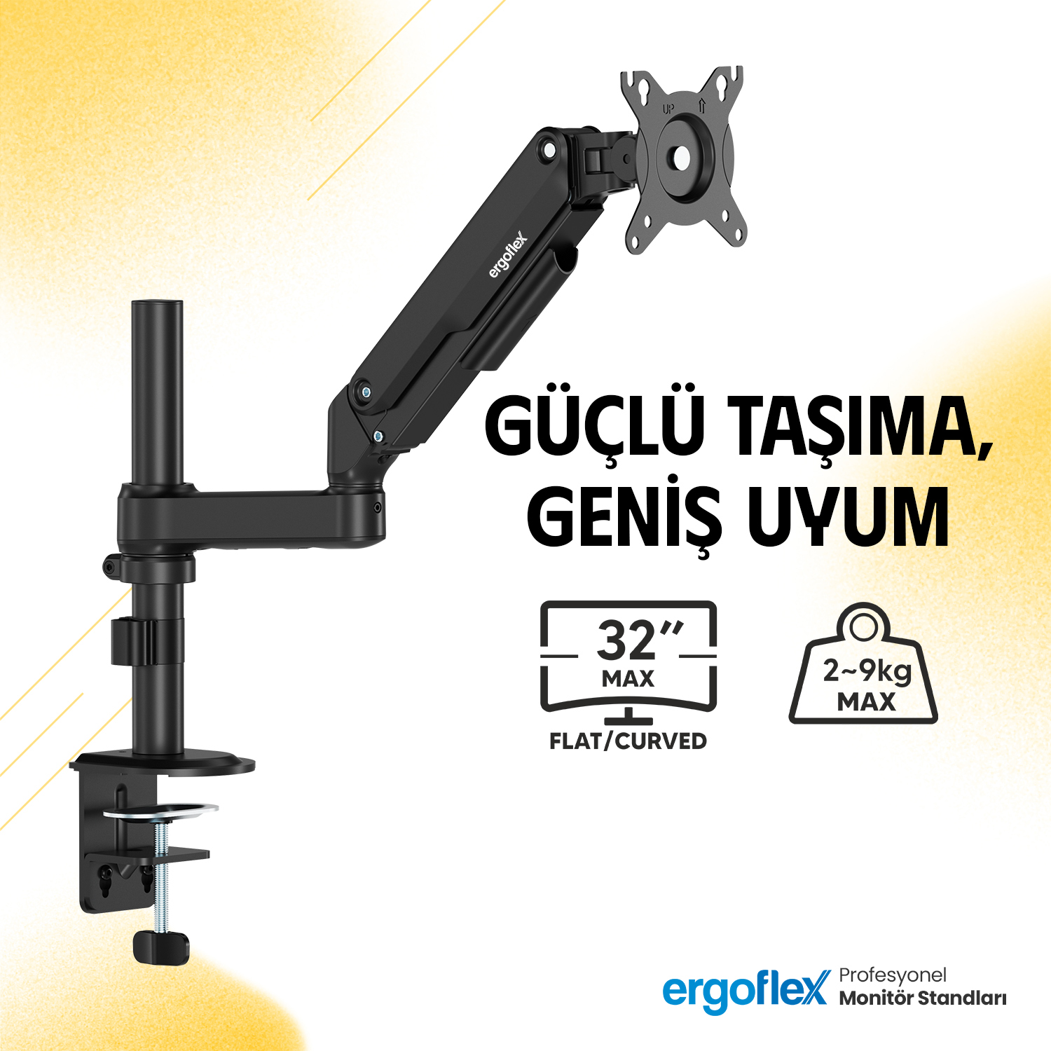 Masa kelepçeli siyah monitör kolu, 32 inç ekranları ve 2-9 kg ağırlığı destekler.