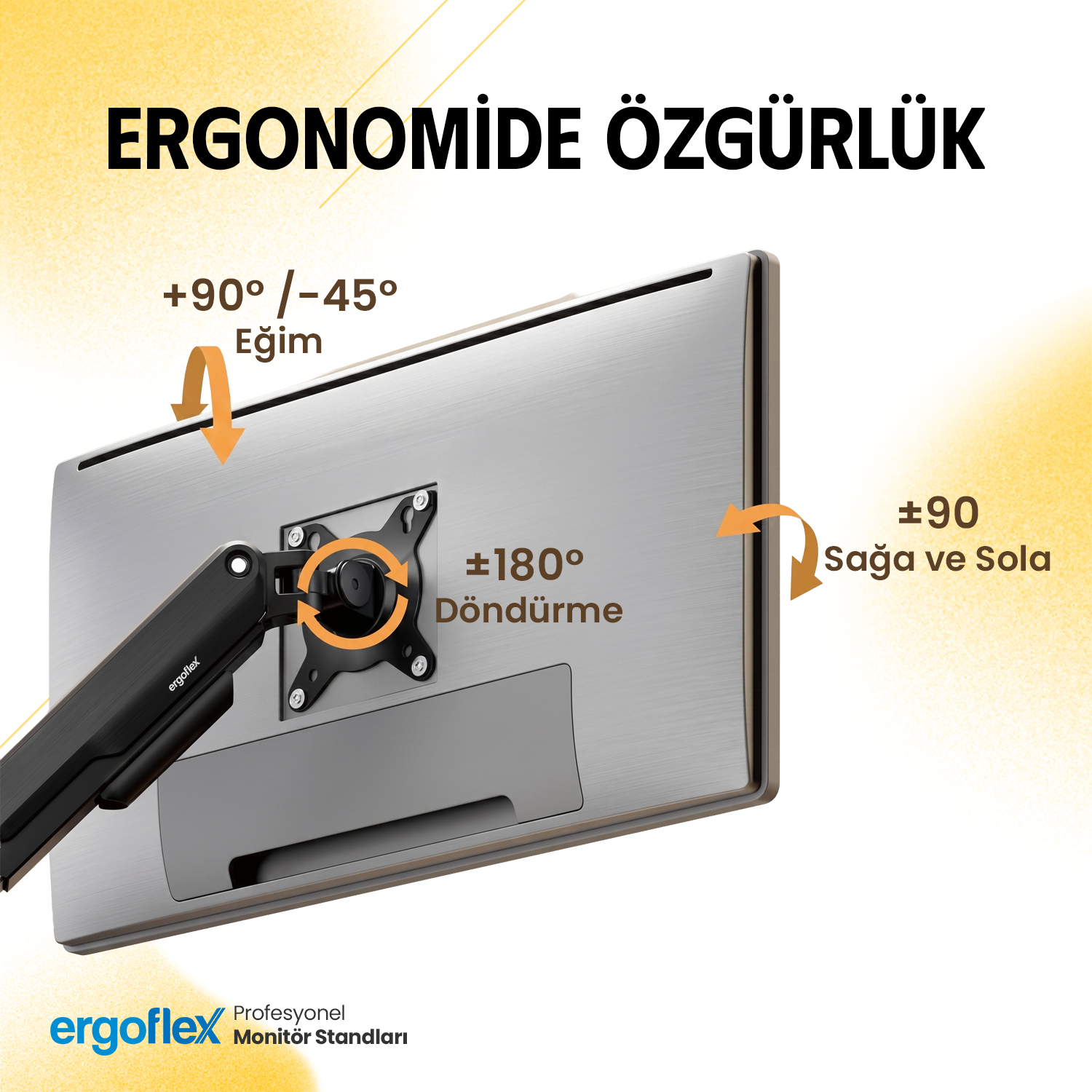 Eğim, dönüş ve sağa/sola hareket ayar aralıklarını gösteren bir monitör kolu.