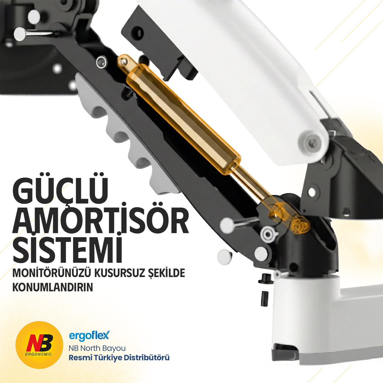 Güçlü gaz amortisörlü, siyah, beyaz ve altın renkli monitör kolu.