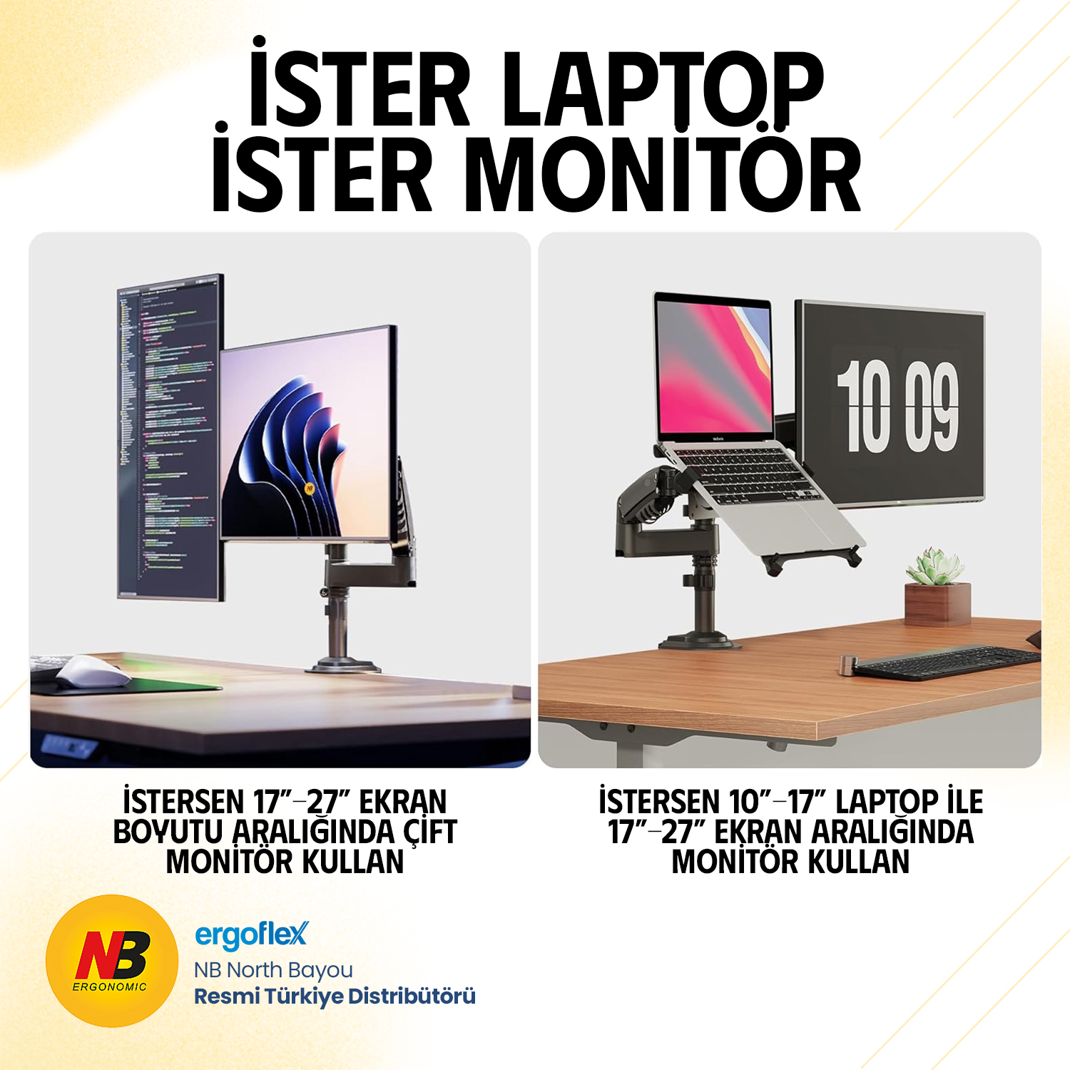İki masa kurulumu: solda çift monitör, sağda laptop ve bir monitör.
