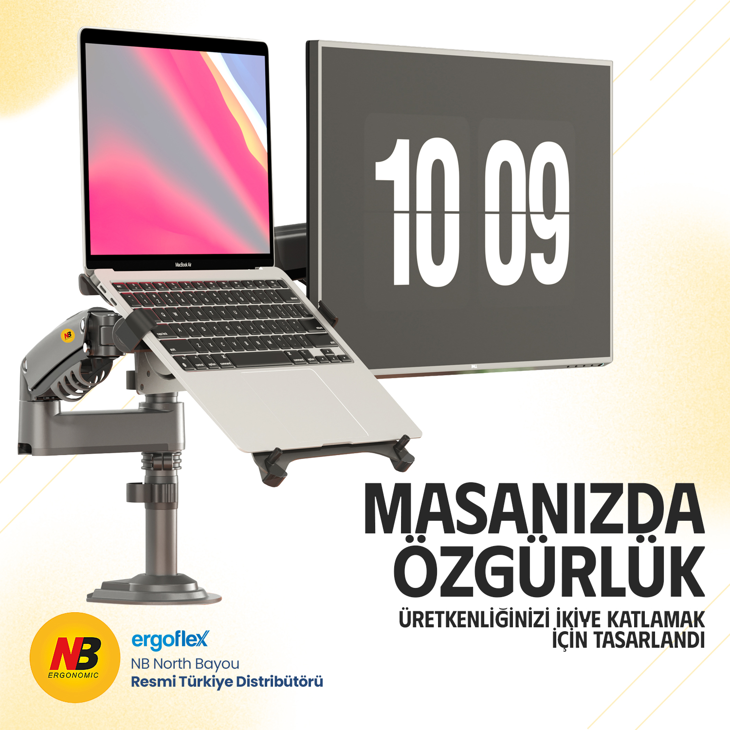 Gümüş bir stantta duran MacBook Air, yanında 10:09 gösteren bir saat.