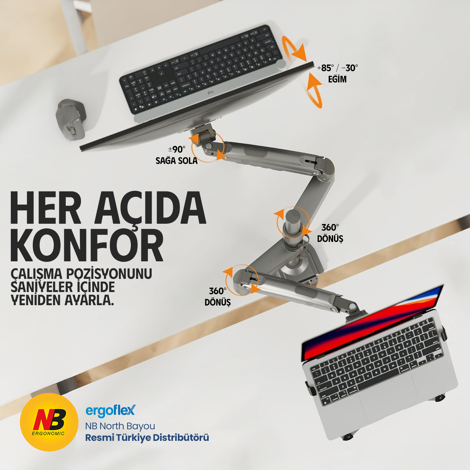 Esnek bir monitör kolu, her yöne ayarlanabilen bir dizüstü bilgisayar ve monitör tutar.