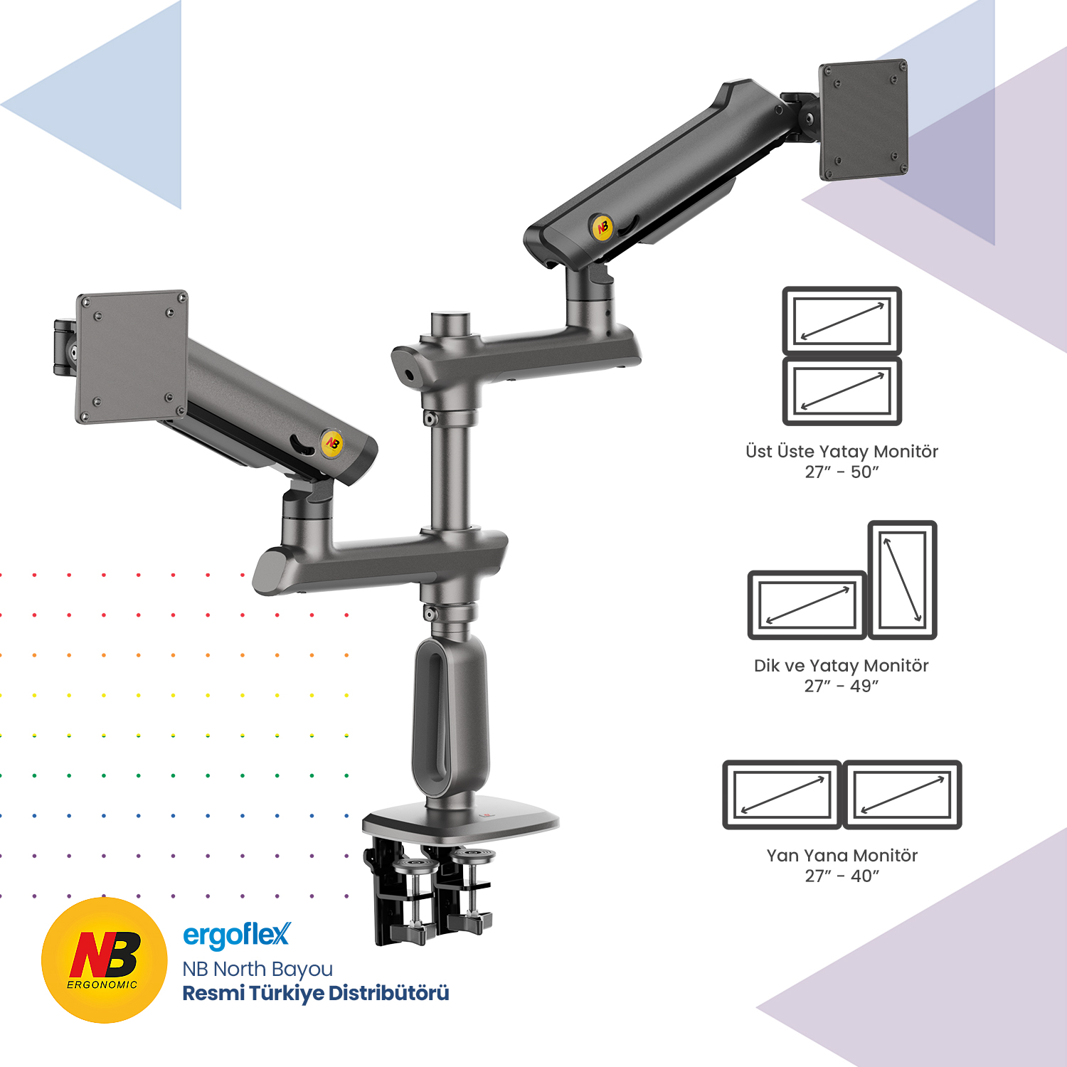 İki gri masaüstü monitör kolu, biri iki monitörlü, diğeri tek monitörlü.