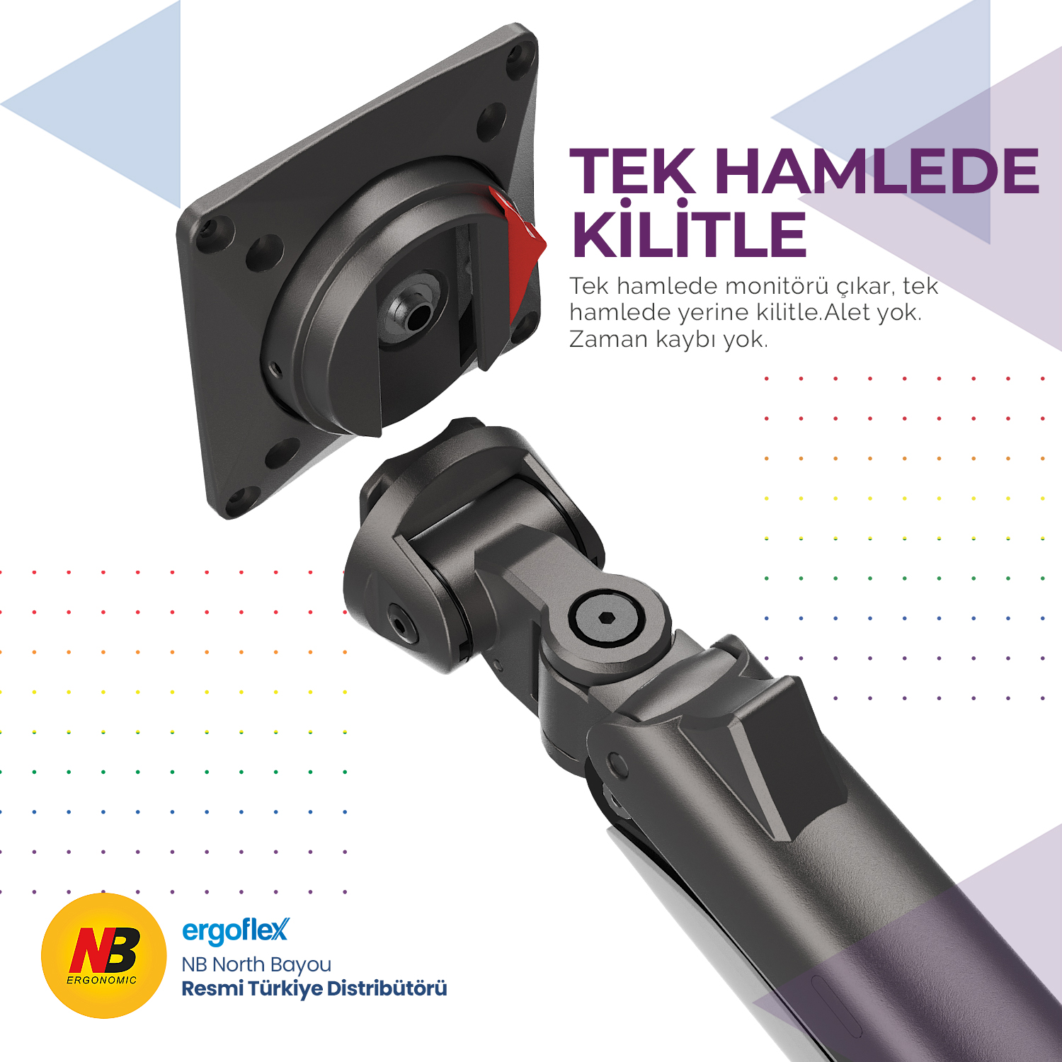 Kırmızı kollu gri monitör kolu mekanizması. NB Ergonomic logosu.