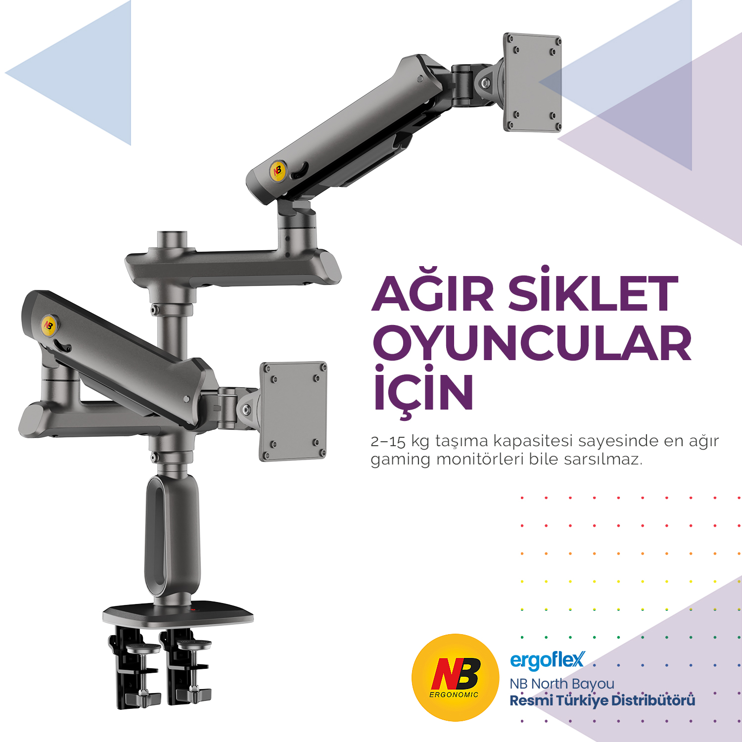Ağır oyuncu monitörleri için tasarlanmış, sarı detaylı gri monitör kolu.