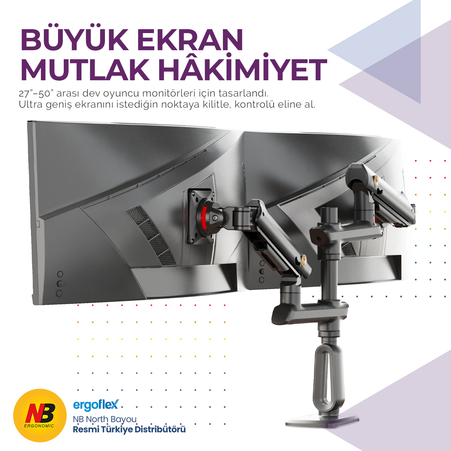 Gümüş bir monitör kolu, iki büyük siyah monitörü tutar. NB logosu sol altta.