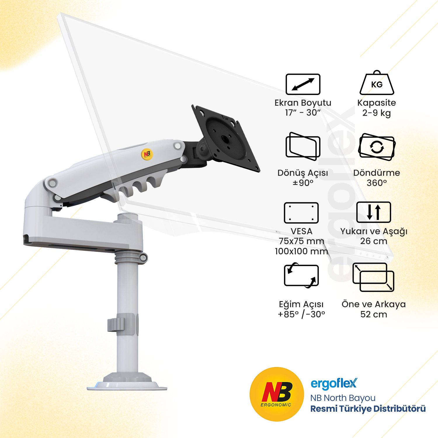Teknik özelliklere sahip beyaz monitör kolu: 17-30" ekran, 2-9 kg kapasite, 360° dönüş.