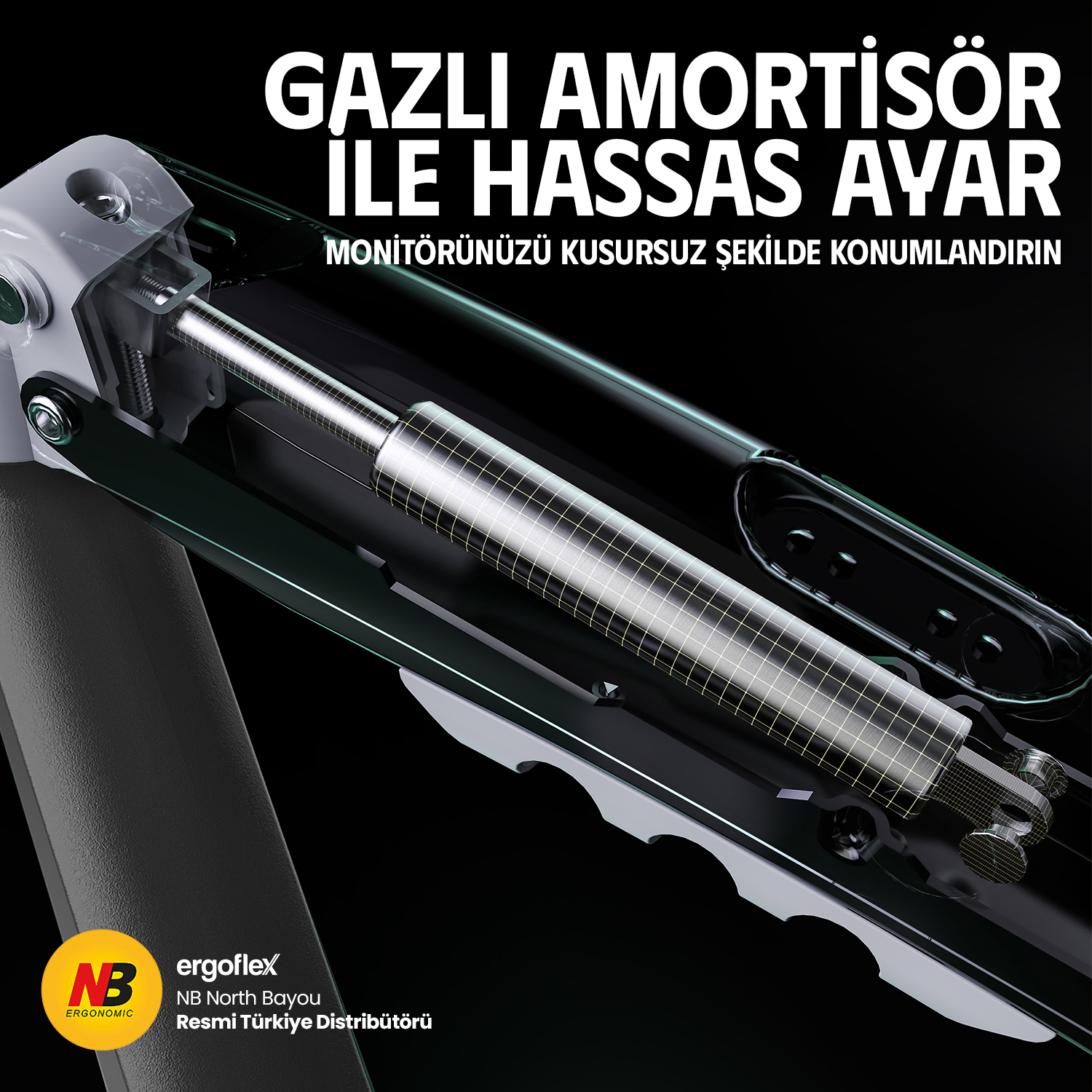 Hassas ayar için gazlı amortisör. Monitörünüzü kusursuz konumlandırın.