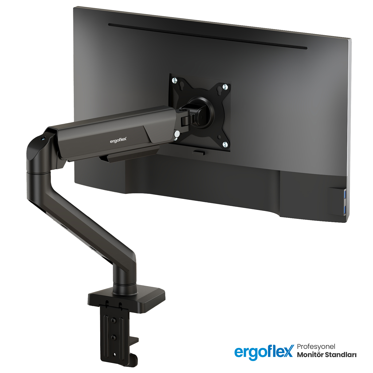 Ergoflex monitör kolu masaya kelepçelenmiş, arkadan siyah bir monitör monte ediyor.