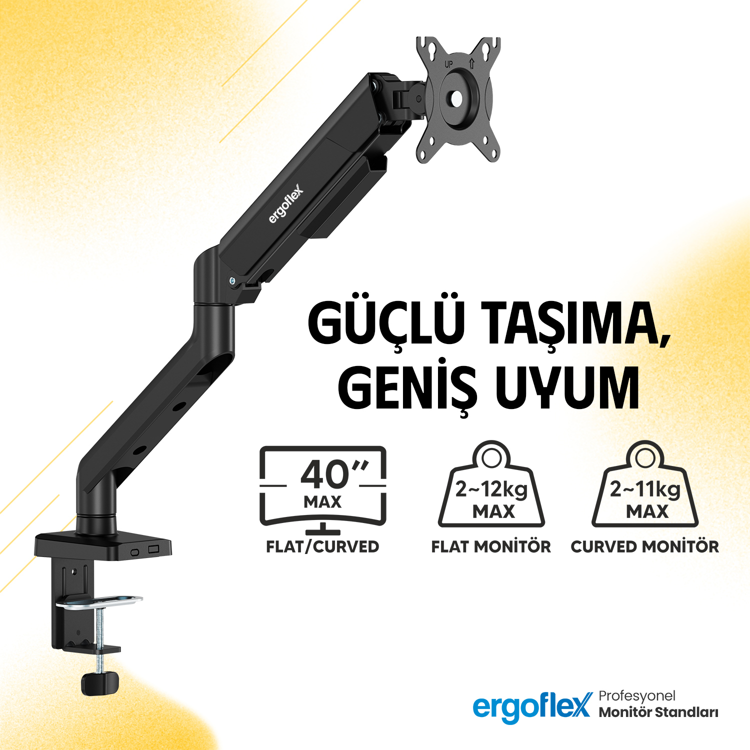Siyah masa kelepçeli monitör kolu, 40" maks, 2-12kg düz, 2-11kg kavisli.
