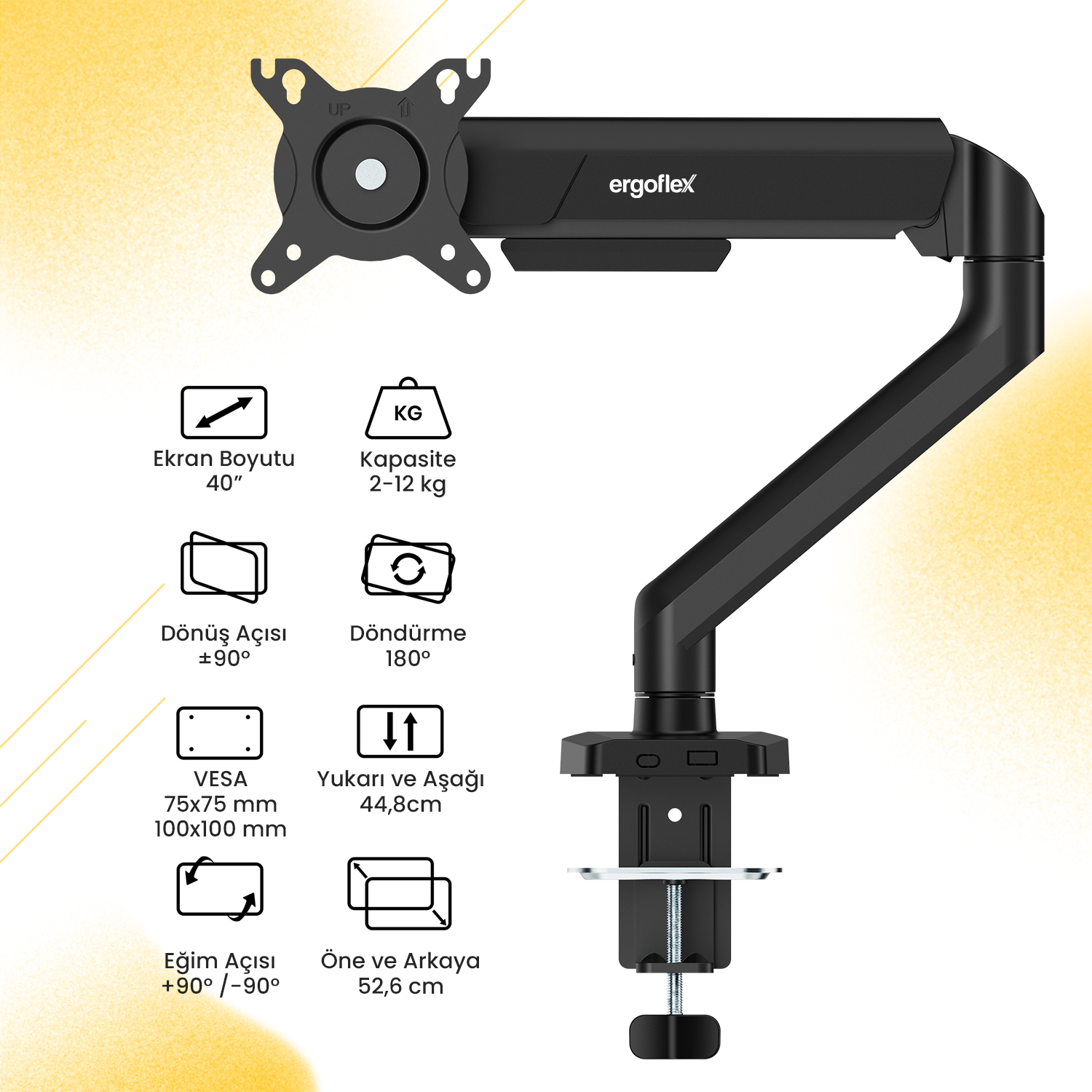 Masa kelepçeli siyah monitör kolu. Özellikler: 40" ekran, 2-12kg, ±90° dönüş, 180° döndürme.