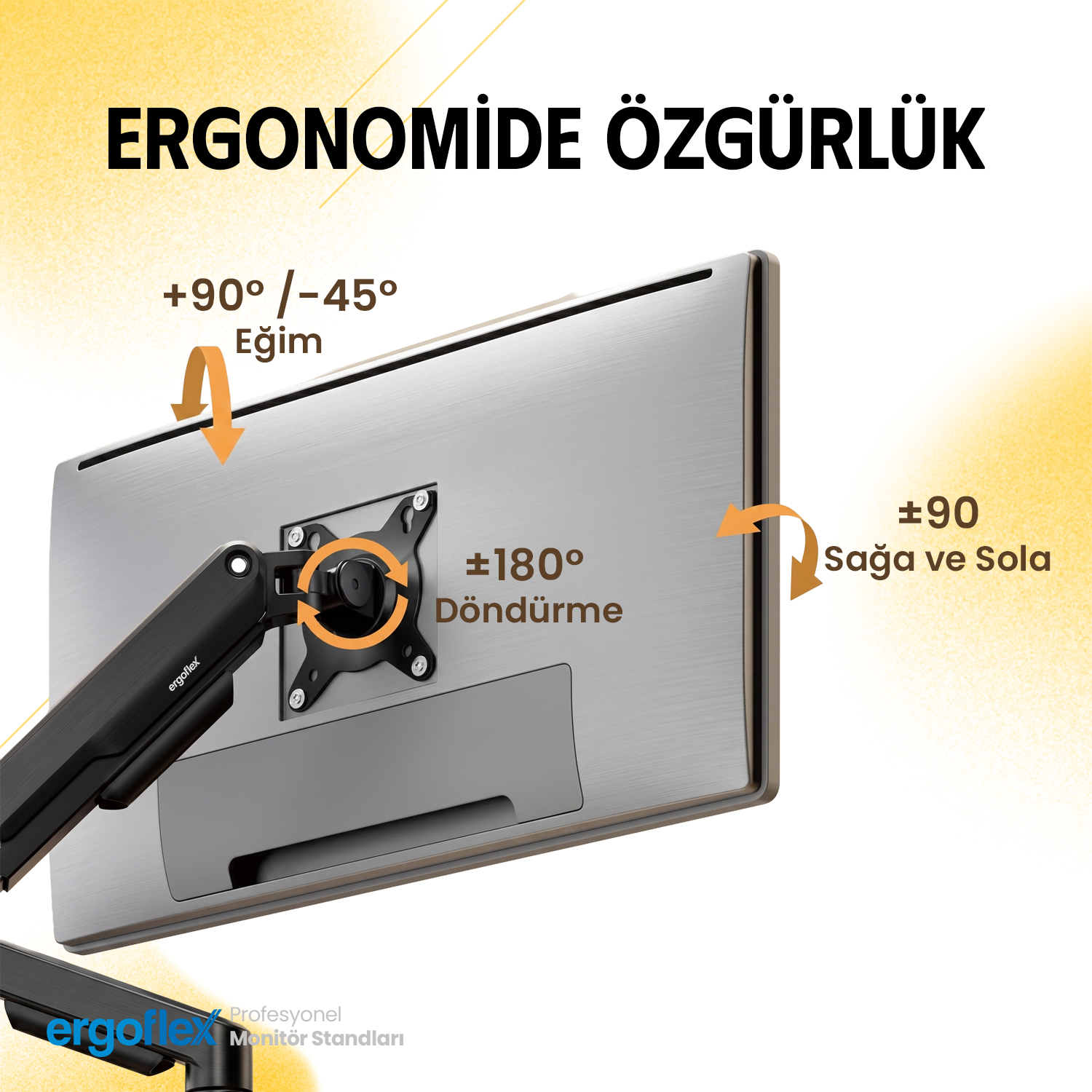 Gümüş rengi bir monitöre bağlı siyah monitör kolu, eğim, döndürme ve sağa sola hareket ayarlarını gösteriyor.