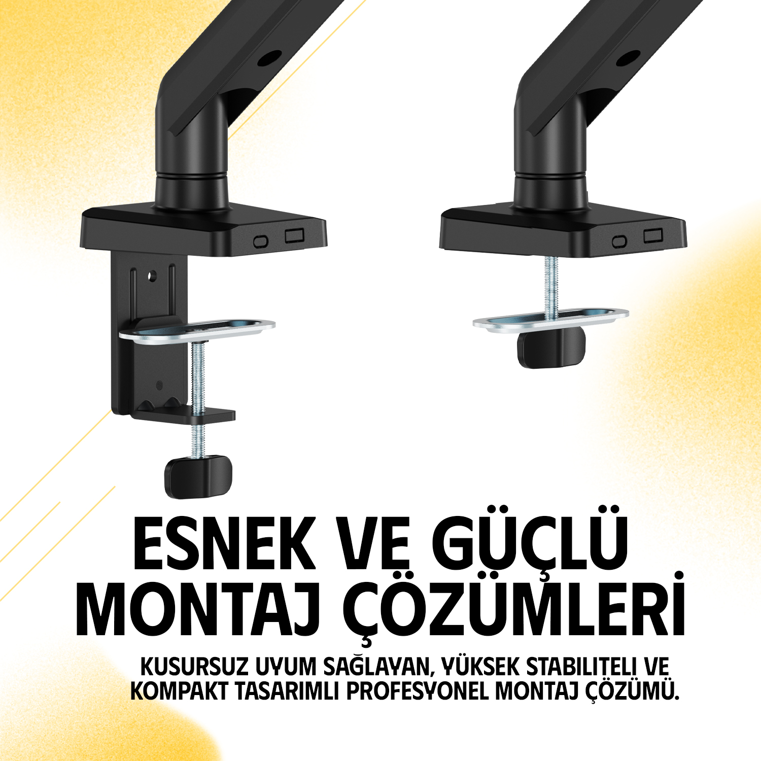 Sarı arka plan üzerinde vidalı ve düğmeli iki siyah masa kelepçesi.