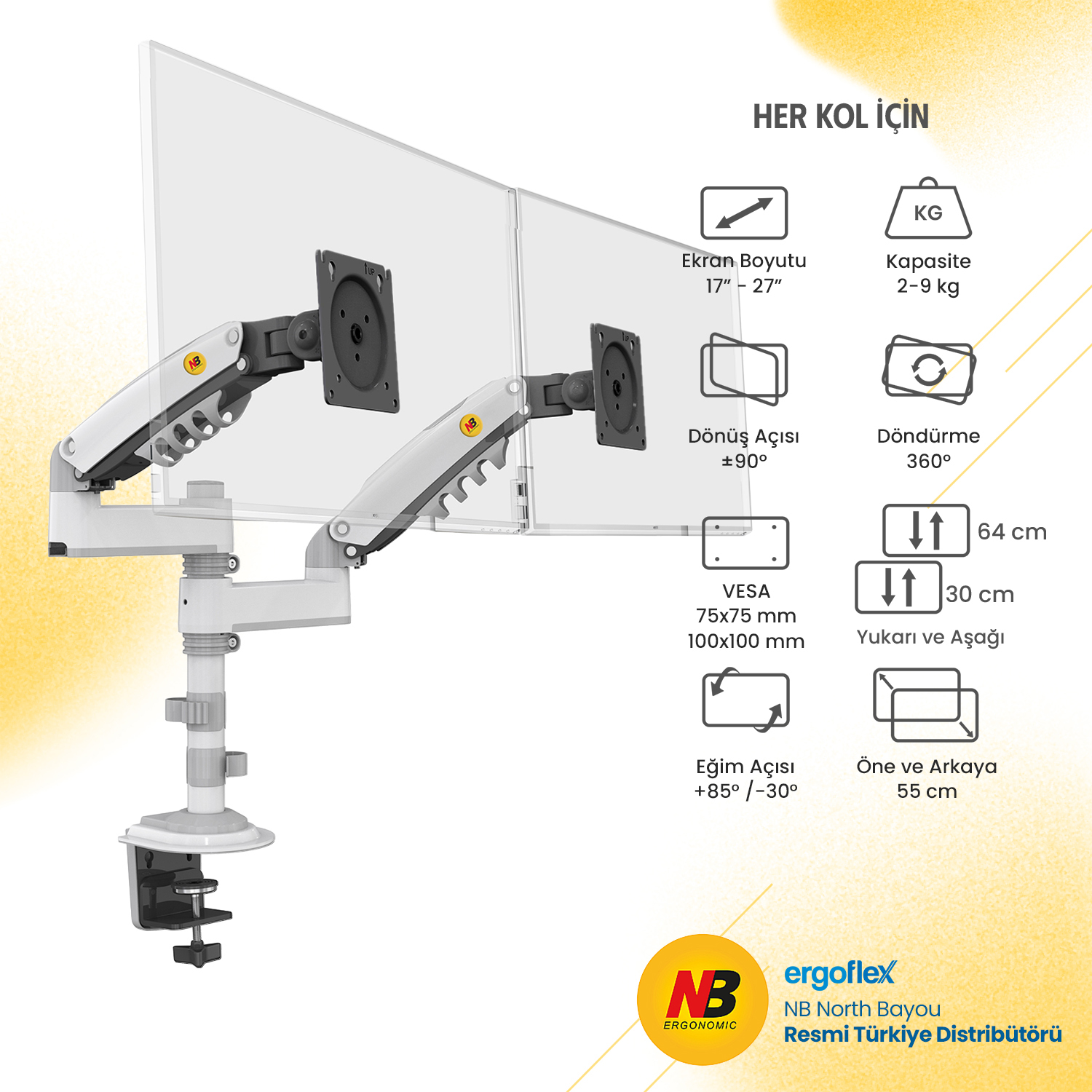 Çiftli monitör kolu kelepçe ve teknik özelliklerle.