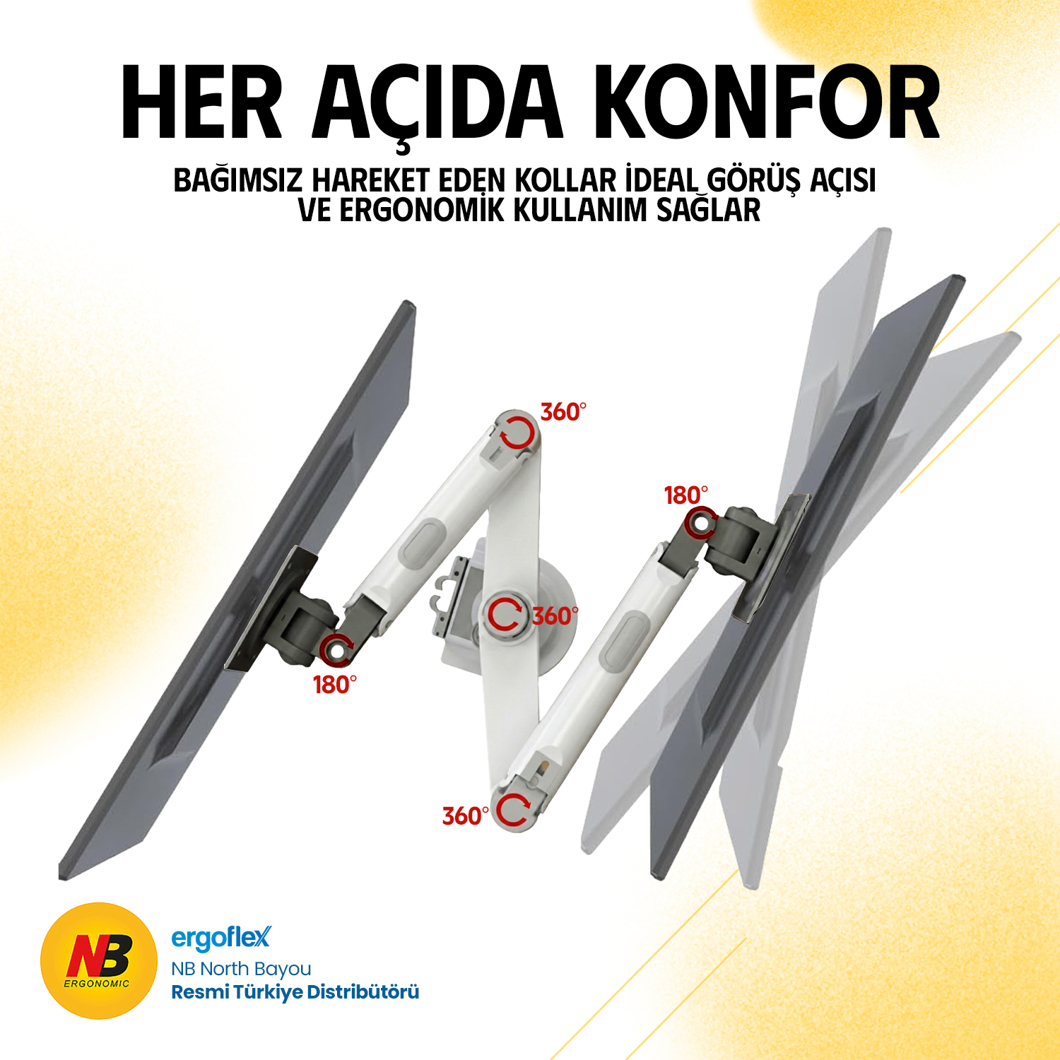 180° ve 360° dönebilen, iki eklemli beyaz monitör kolu.
