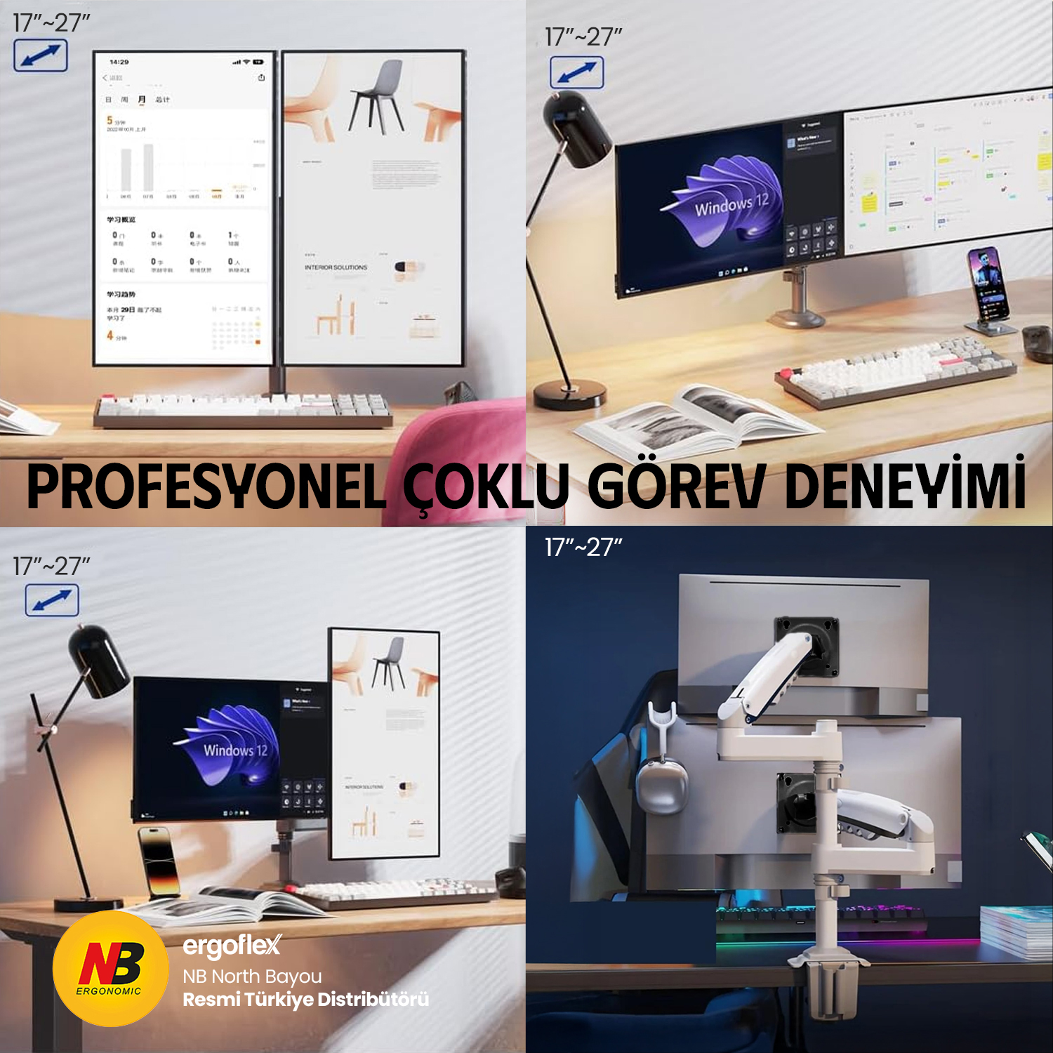 Dört sahne, masalarda 17-27 inç boyutlarında bilgisayar monitörlerini gösteriyor.