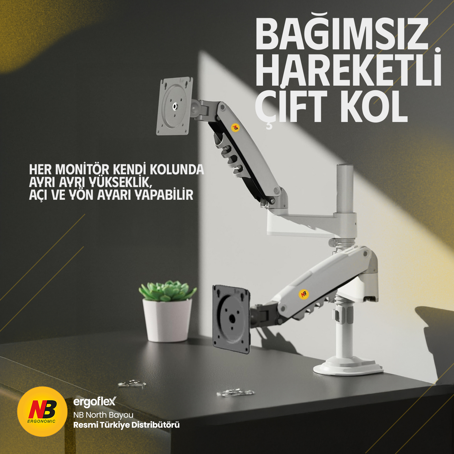 İki beyaz monitör kolu, saksı bitkisiyle birlikte masada duruyor.
