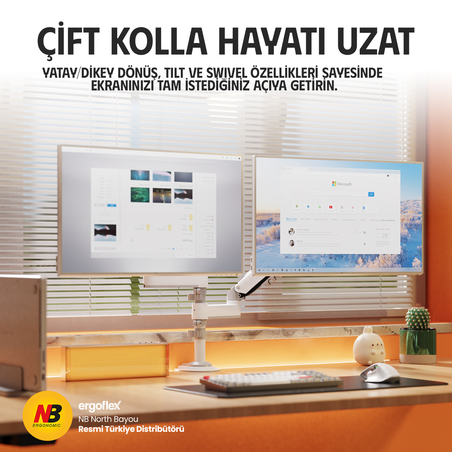 İki ekranlı çift monitör kolu, klavye, fare ve kaktüs süslemeli masa.