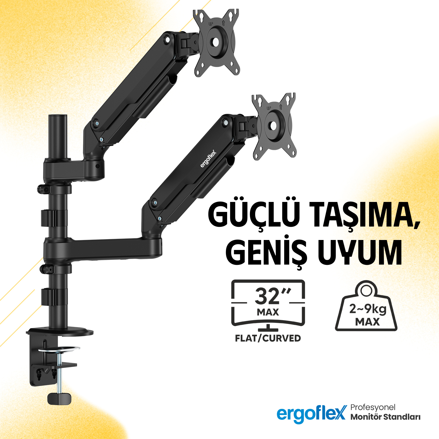 Siyah çift monitör kolu kelepçeli, 32 inç düz/kavisli monitörler için, 2-9 kg.