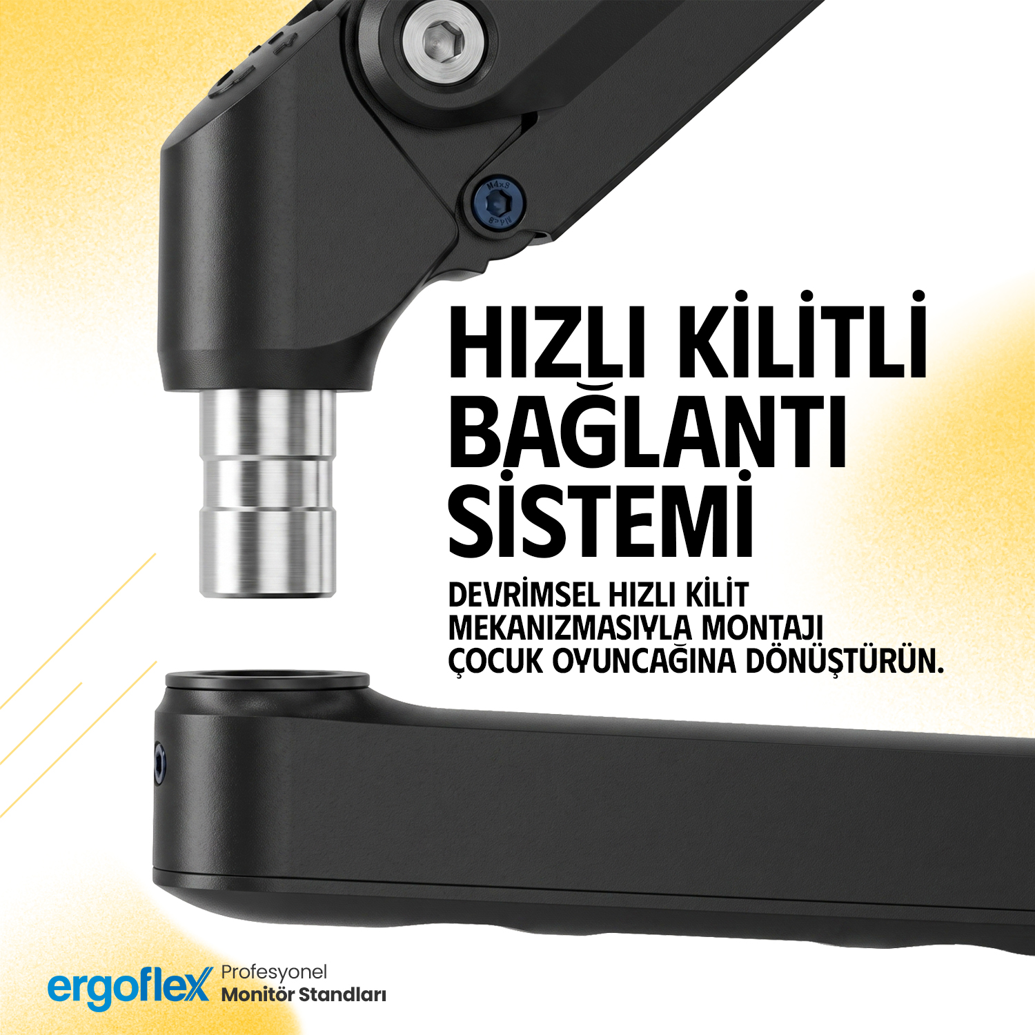 Gümüş metal parçalı siyah monitör kolunun yakından görünümü ve metin.