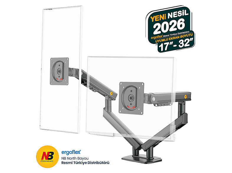 ERGOFLEX NB Ergonomic NB A5C 17-32 inch Çift Kol 2-9 kg Monitör Standı 2026 Versiyon Monitör Standı