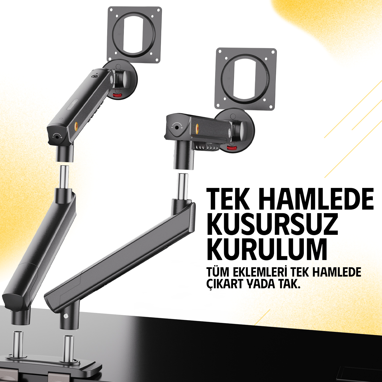 Beyaz arka plan üzerinde montaj plakalı iki siyah monitör kolu.