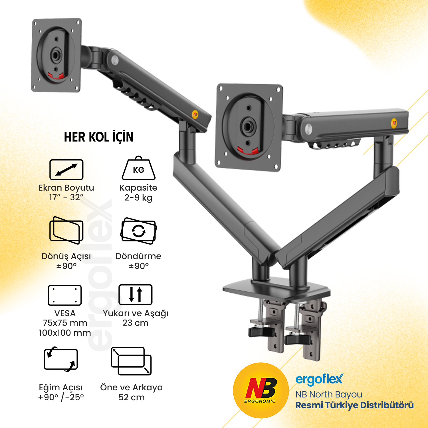 17-32 inç ekranlar için gri monitör kolu, 2-9 kg taşıma kapasiteli.