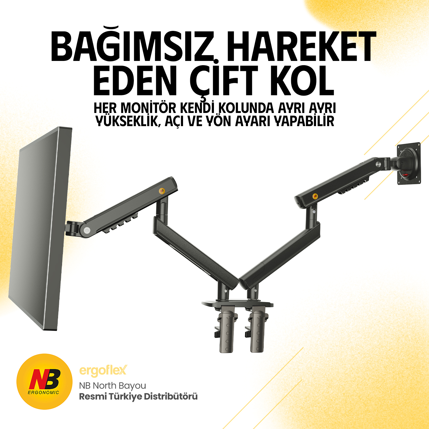 Tek monitörlü siyah çiftli monitör kolu. NB Ergonomic logosu.
