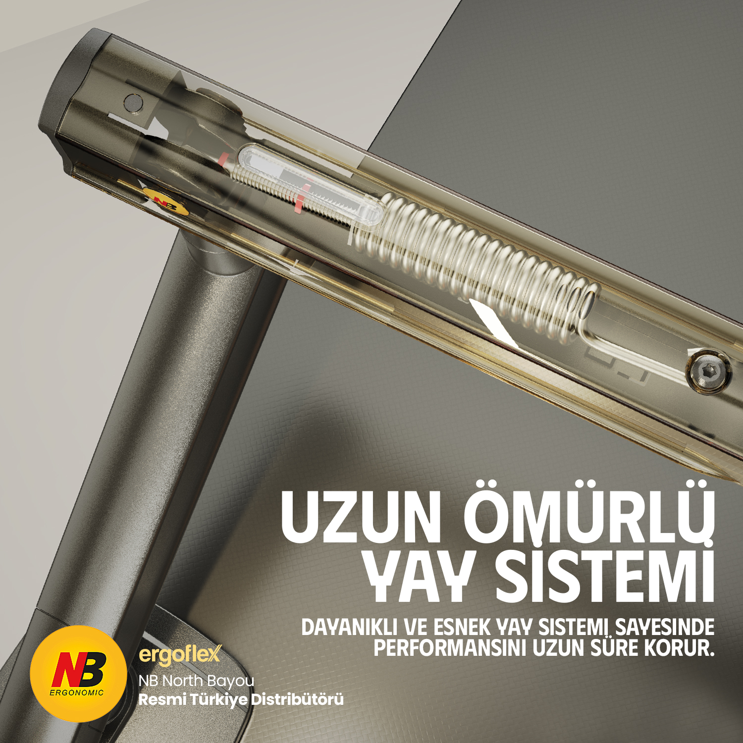 Metin ve logolu dayanıklı yay sisteminin yakın çekimi.