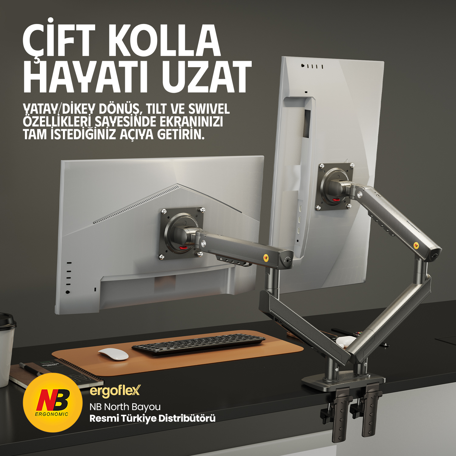 Çift kol, klavyeli ve fareli masada iki gümüş ekranı tutuyor.