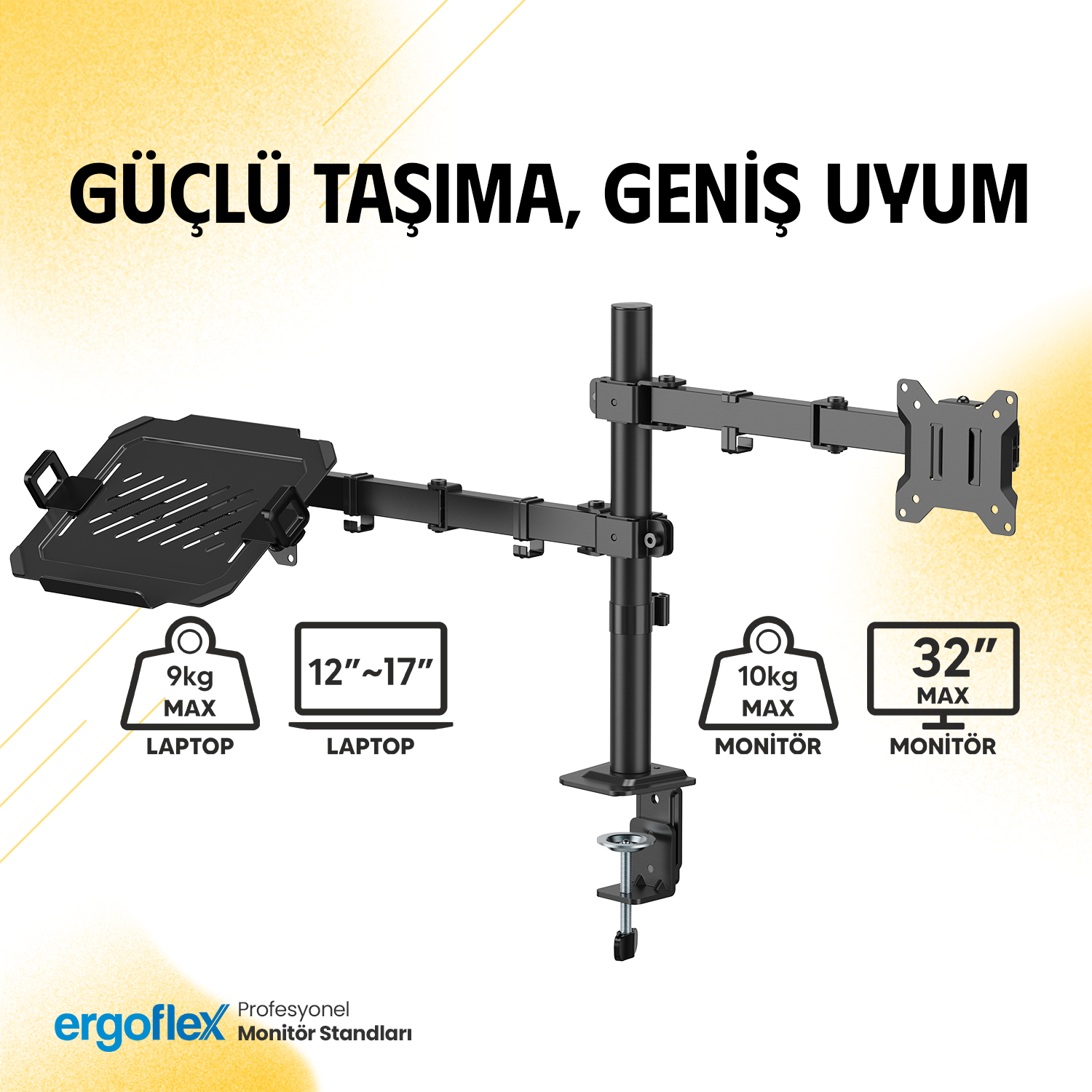 Laptop tepsili siyah monitör kolu, 9kg/10kg taşıma kapasiteli, 12-17" laptop ve 32" monitörler için.