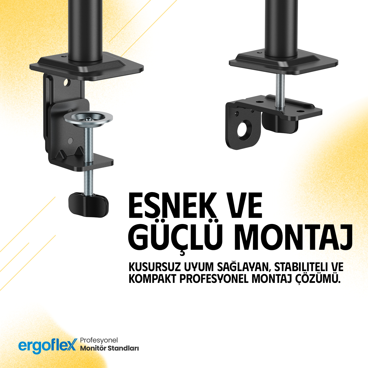 Vidalı iki siyah monitör montaj kelepçesi, sarı-beyaz arka plan.