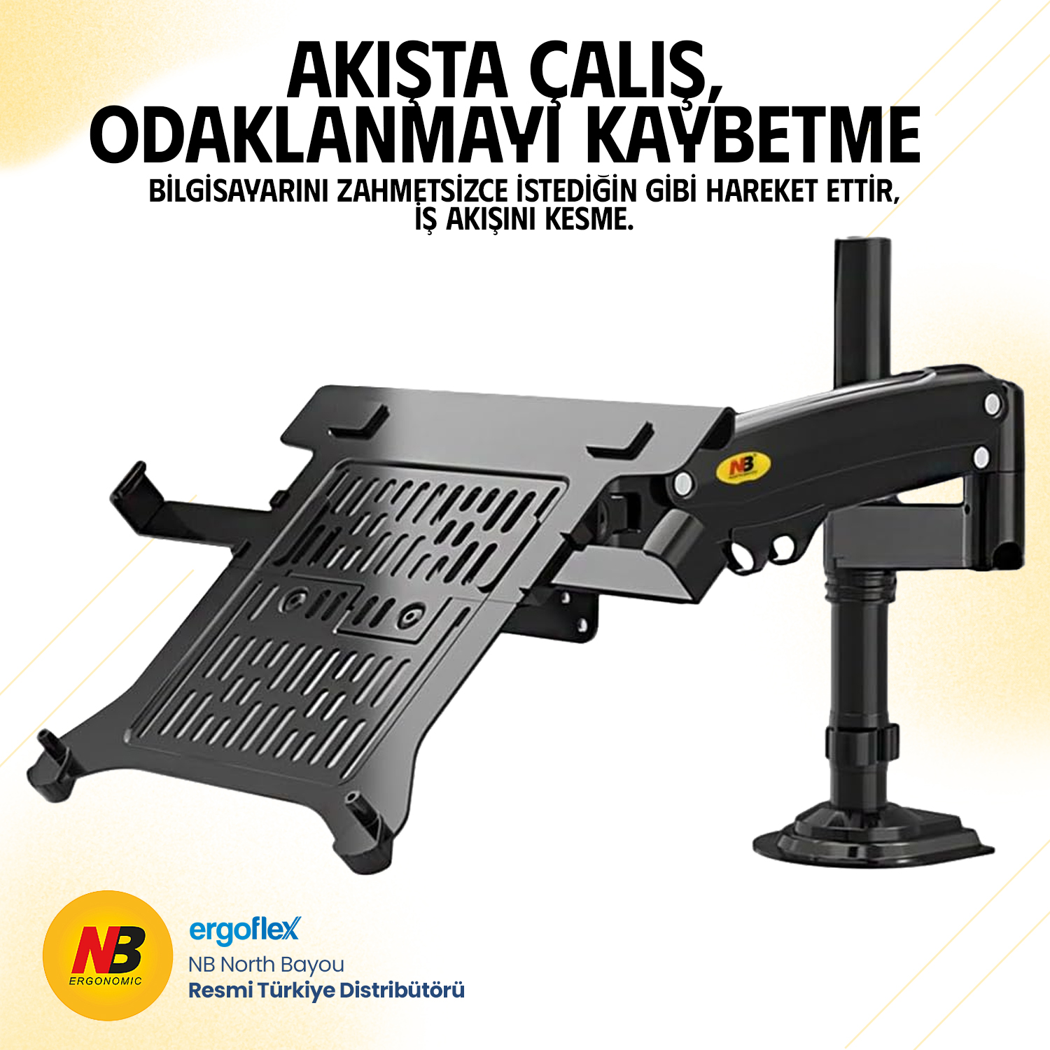 Ergonomik çalışma için ideal, tabanlı, kollu siyah laptop standı.