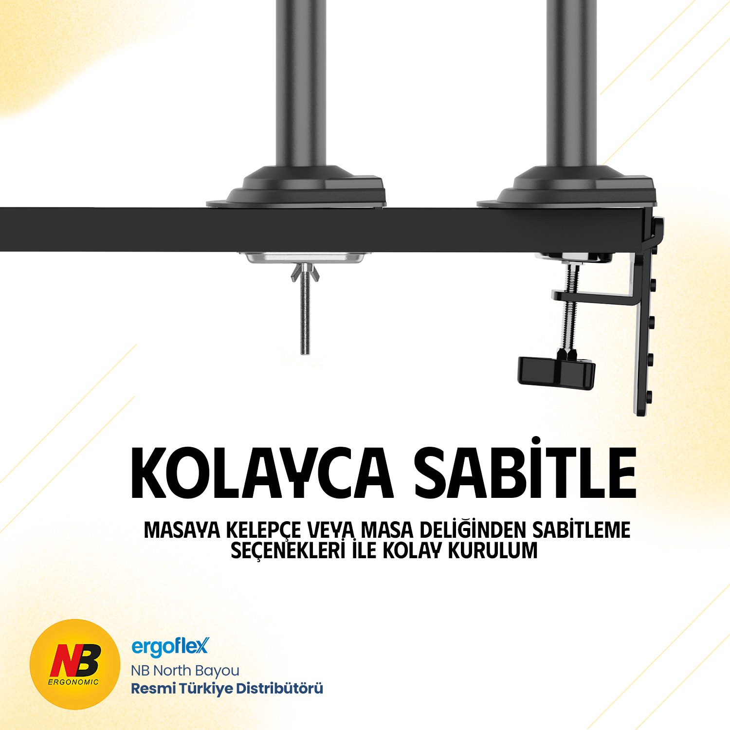 Masaya kelepçelenmiş iki siyah monitör kolu, metin içerir.