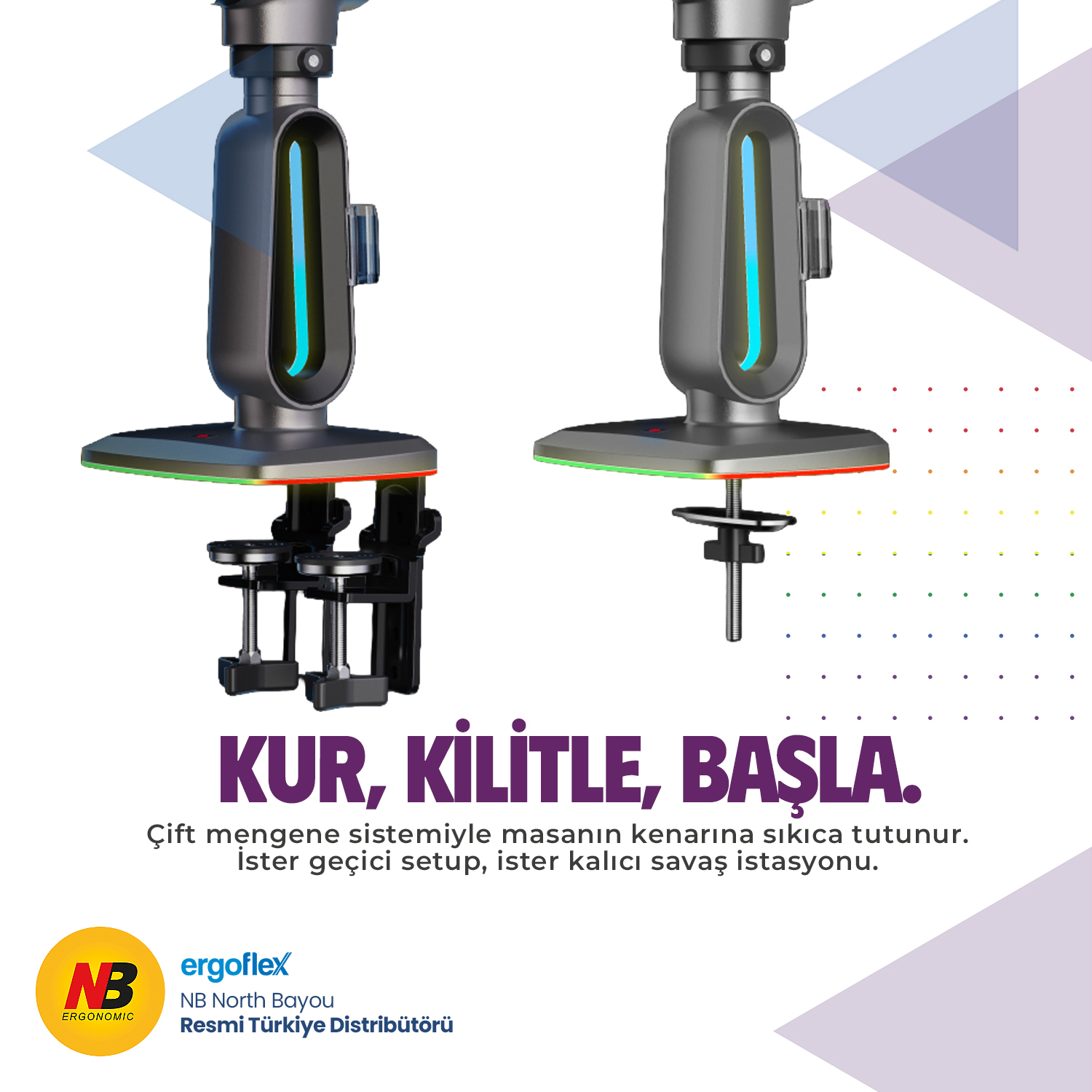 Çift mengene sistemi masanın kenarına sıkıca tutunur. Yeşil/kırmızı.