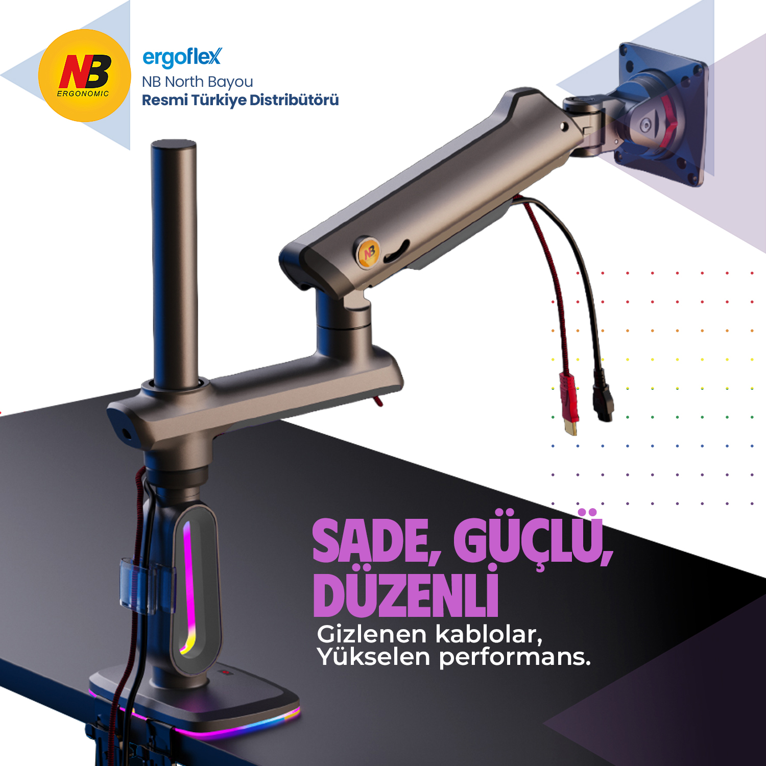 Kablolar ve RGB aydınlatmalı gümüş renkli monitör kolu.
