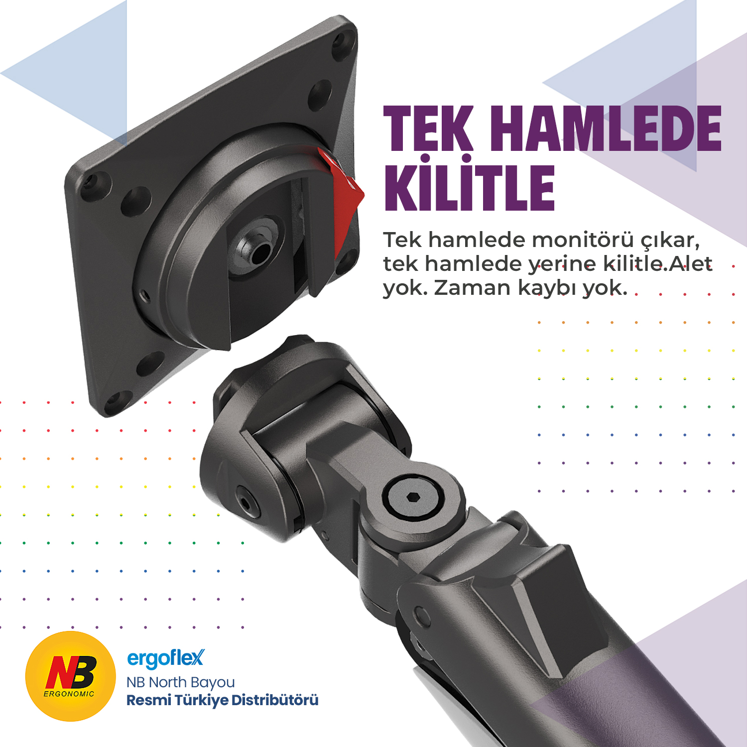 Hızlı kilitleme mekanizmasını gösteren, detaylı siyah bir monitör kolu.