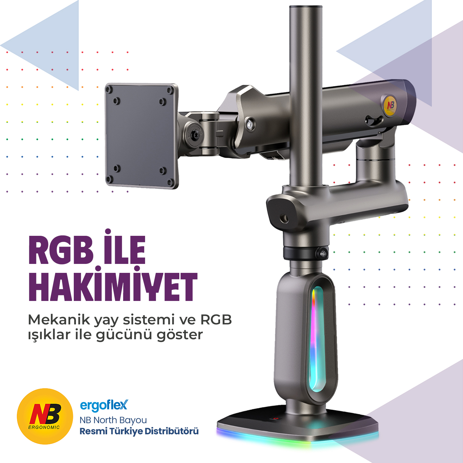 RGB aydınlatmalı gri monitör kolu ve NB logosu.